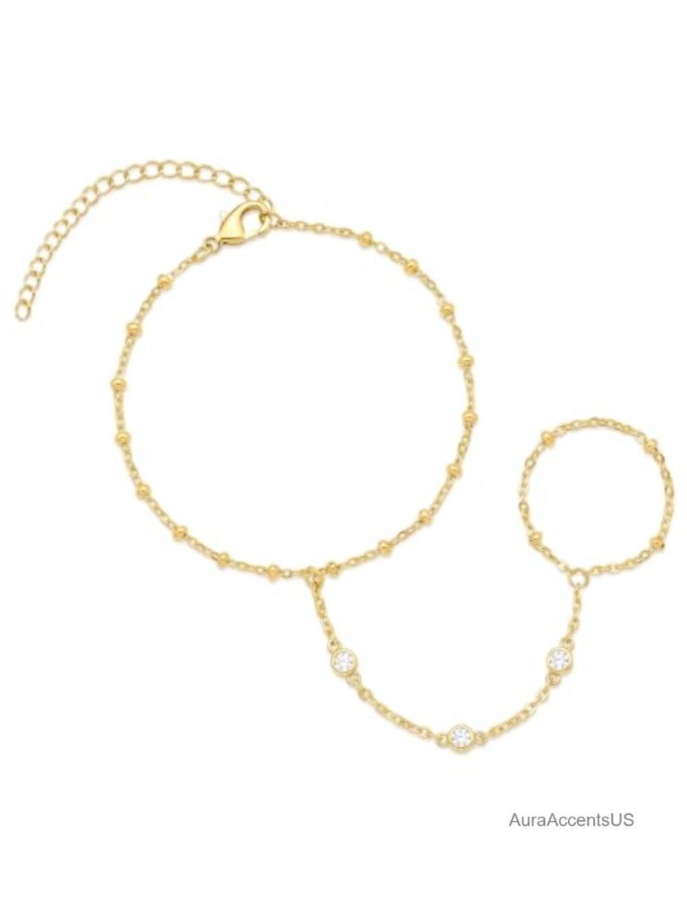 14K Gold Hand Chain Bracelet for Women, Minimalist Bead Chain Ring Bracelet,